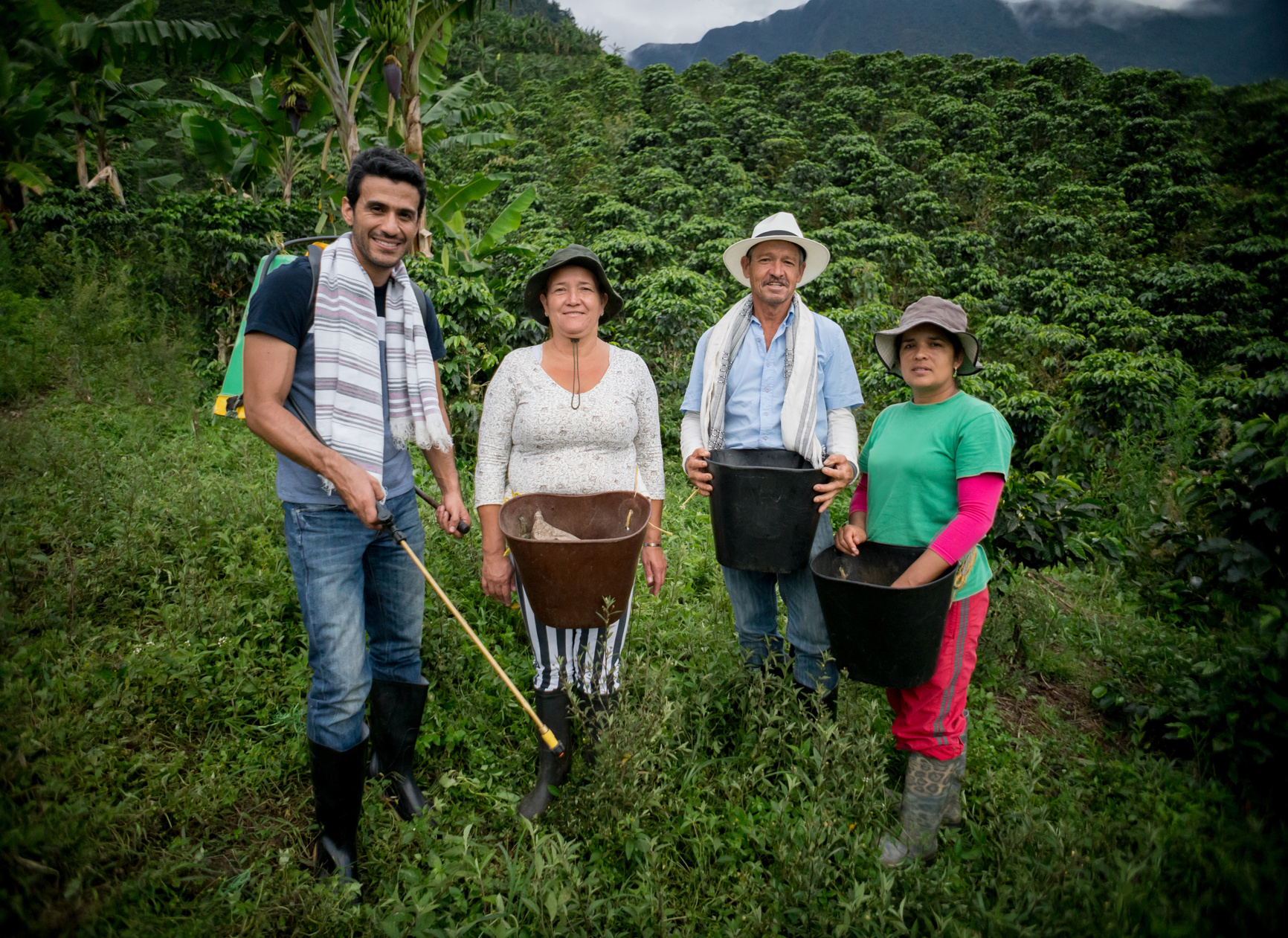 Colombian farmers working at a coffee farm